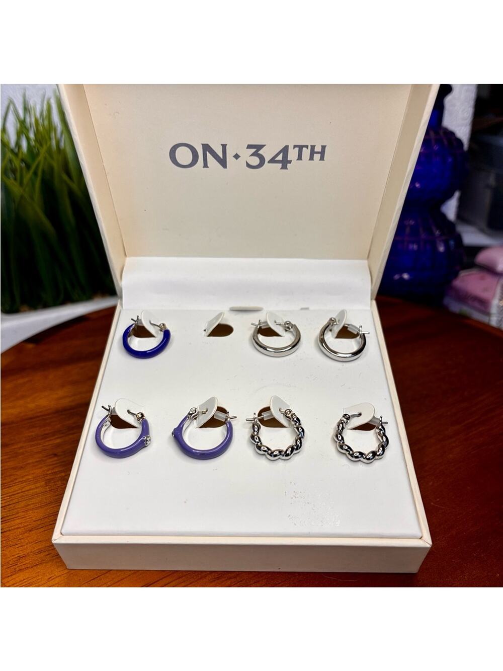 ON 34TH Silver and Blue Hoop Earrings Set